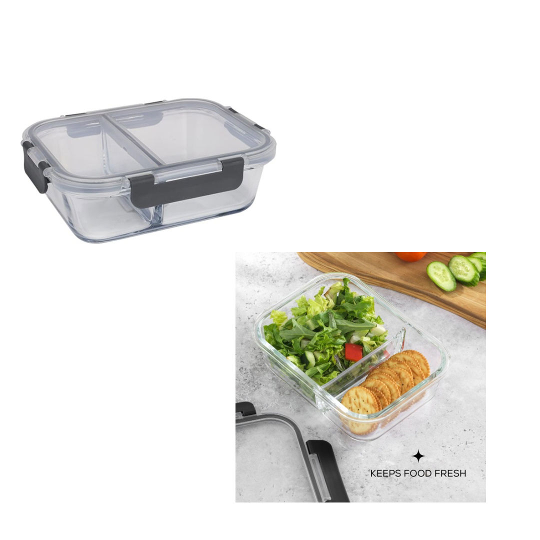 High Borosilicate Rectangle 2 Compartment Glass Food Container with airtight lid