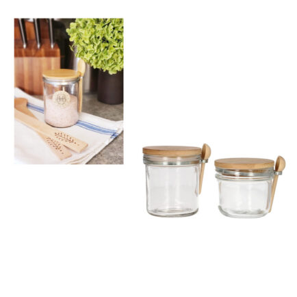 GLASS JAR WITH BAMBOO LID & WOODEN SPOON