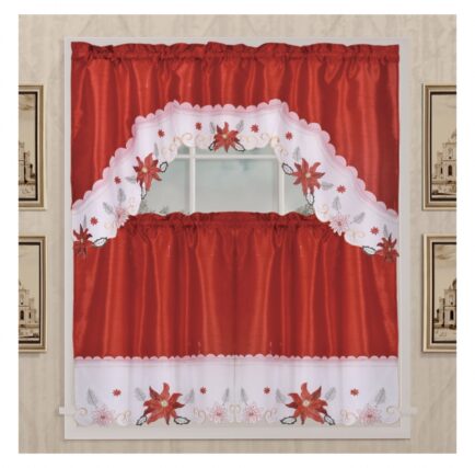 3 PC HOLIDAY POINSETTIA KITCHEN CURTAIN