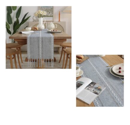 VINTAGE WOVEN COTTON LINEN TABLE RUNNER WITH TASSELS